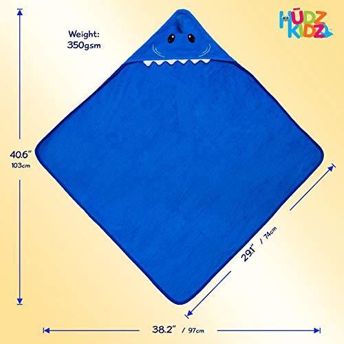Image of Hudz Kidz Hooded Baby Shark Towel, Soft 100% Cotton, Perfect for Newborn Through Toddler (Blue)
