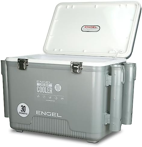 ENGEL 30 Quart Live Bait Cooler PRO for Fishing - Portable Minnow and Bait Bucket with Lithium-Ion Rechargeable Aerator with 4 Rod Holders - Silver (30QT)