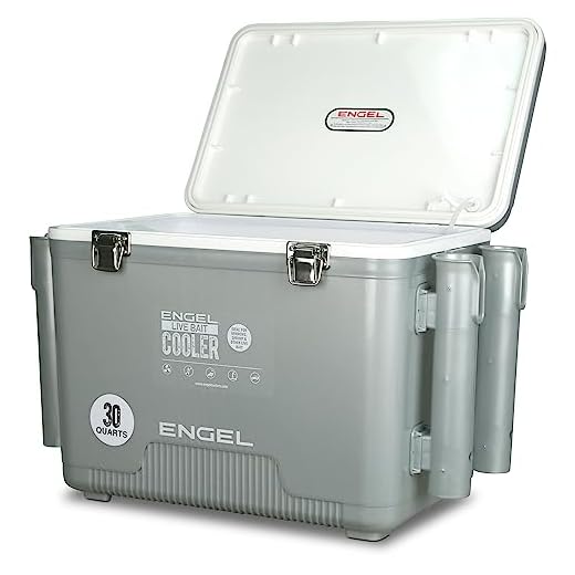 ENGEL 30 Quart Live Bait Cooler PRO for Fishing - Portable Minnow and Bait Bucket with Lithium-Ion Rechargeable Aerator with 4 Rod Holders - Silver (30QT)