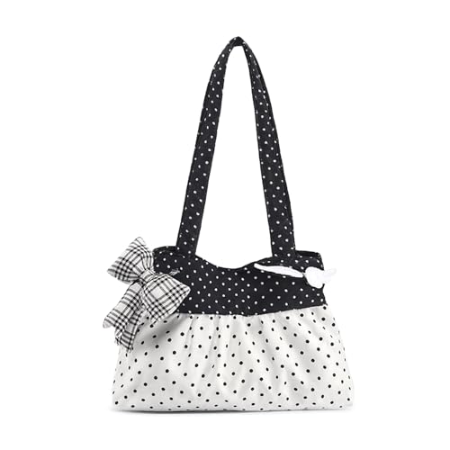 Bow Purse Polka Dot Shoulder Bag Plaid Bow Patchwork Handbag Mini Tote Bag with Zipper Trendy Gift for Women