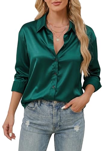 Stamain Camisa Manga Larga Mujer Blusas Elegantes con Cuello en V Camisas con Botones Blusas de Satén de Color Liso para Oficina Ejecutiva Verde L