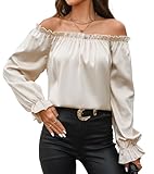 SITELUOYG Womens Off Shoulder Satin Silk Ruffle Blouses Long Sleeve Shirt Casual Loose Tops Apricot