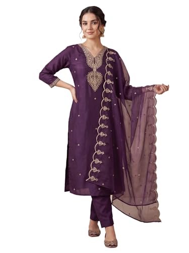 Image of INDO ERA Women's Black Silk Blend Embroidered Mirror Work Kurta & Pant with Dupatta Set (IEDDAI484)