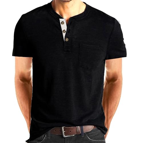 Zylphorix Men Breathable Thin Round Neck Polo Shirts Quarter Button Chest Pocket Henry T-Shirt Summer Casual Outdoor Pullover (Black,Medium)