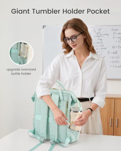 Image of LOVEVOOK Laptop Backpack for Women Men with Large Cup Holder,15.6inch Waterproof Computer Laptop Bag TSA Approved Travel Backpack,Professional Work College Nurse Teacher Backpack Gift Purse,Mint Green