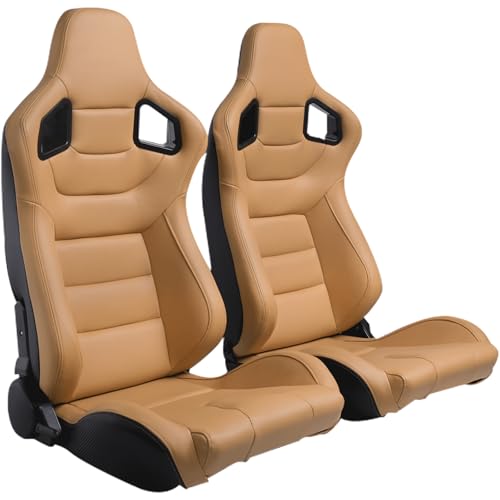 WIILAYOK 2 Pack Racing Seats, Universal PVC Leather Bucket Seats Sport Pair Adjustable Seats with Sliders (Black & Beige/Tan Brown)