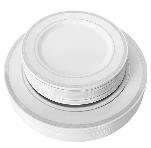 Buy 1 get 1 JL Prime 50 Piece Silver Plastic Plates for 25 Guests, Heavy Duty Reusable Disposable Plastic Plates with Silver Rim for Party and Wedding, 25 Dinner Plates, 25 Salad Plates Crazy Deals JL Prime 50 Piece Silver Plastic Plates for 25 Guests, Heavy Duty Reusable Disposable Plastic Plates with Silver Rim for Party and Wedding, 25 Dinner Plates, 25 Salad Plates