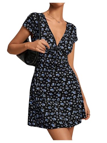 Image of Milumia Women's Boho Disty Floral Mini Dress Deep V Neck Short Sleeve A Line Short Dress Dark Blue