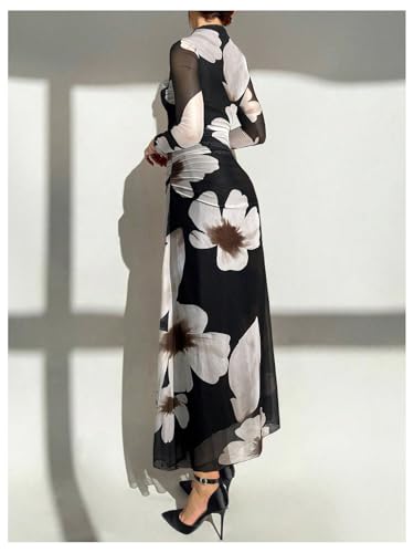 Image of Verdusa Women's Floral Wedding Guest Dress Long Sleeve Mesh Slimming Cocktail Vacation Maxi Dresses