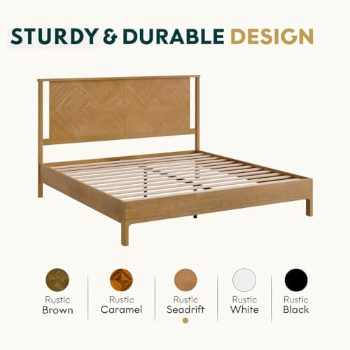 Image of Bme Ethan King Size Bed Frame with Diamond Headboard, Rustic Mid Modern, Solid Acacia Wood, No Box Spring Needed, Slat Support, Rustic Seadrift