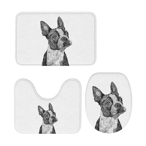トイレマット ボストンテリア 犬柄 3点セット 足元マット 便座カバー マットフタカバー U型 O型 トイレ兼用 滑り止め おしゃれ バスマット 洗える 浴室 玄関 家庭用 ホテル用