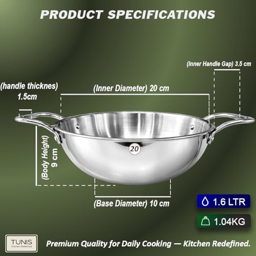 Image of TUNIS 20 Cm (1.6 L) Triply Stainless Steel Kadai with Dual Handles | Heavy Gauge Induction & Gas Compatible | Triply Bottom Deep Cooking Woks Kadhai for Frying, Sauteing & Curries | Silver