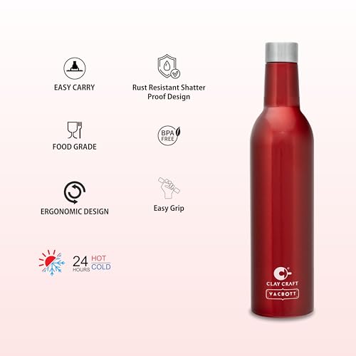 Image of CLAY CRAFT VACBOTT Ivy Wine Double Walled|18 Hours Hot and 24 Hours Cold Water Vacuum Insulated Flask Bottle|1 Pcs|1000 ml Water Bottles|Travelling|BPA-Free|BIS Certified|1Year Limited Warranty