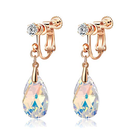 Teardrop Austrian Crystal Drop Clip On Dangle Earrings for Women Non Pierced 14K Rose Gold Plated Hypoallergenic Jewelry