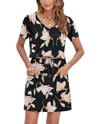 Image of AUSELILY Womens Summer Dresses 2026 Causal Short Sleeve V Neck Tie Front Mini Short Dress with Pockets