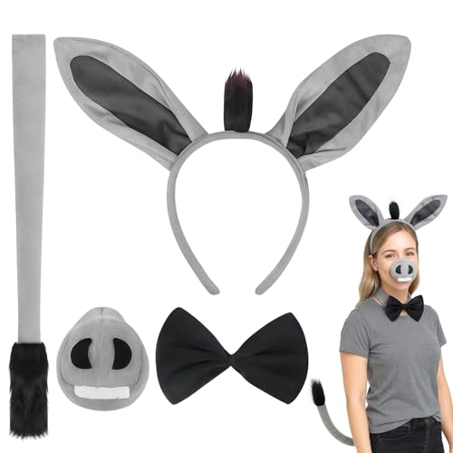 GWAWG Donkey Costume Accessory Kit Donkey Ears and Tail Headband Nose Bow Tie Set Animal Costume Set Animal Ears and Tail Sets Halloween Theme Party Cosplay Birthday Props Cartoon Show Book day (B)
