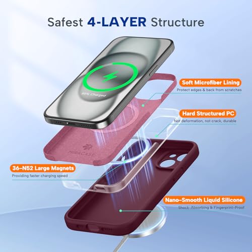 Image of Miracase Magnetic for iPhone 15 Plus Case, [Soft Anti-Scratch Microfiber Lining], Compatible with MagSafe, Liquid Silicone Shockproof Drop Protection Phone Case for 15 Plus, Wine Red