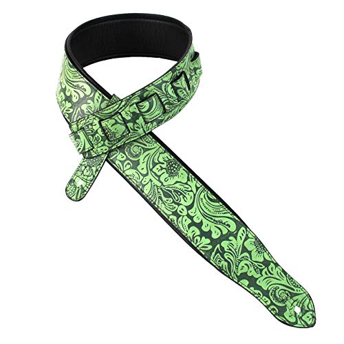 Walker And Williams G-977 Sangle en mousse légère avec motif floral en relief et gant rembourré à l’arrière en cuir Vert - Les Beatles, Paul McCartney, John Lennon, RIngo Starr, George Harrison Walker And Williams G-977 Sangle en mousse légère avec motif floral en relief et gant rembourré à l'arrière en cuir Vert