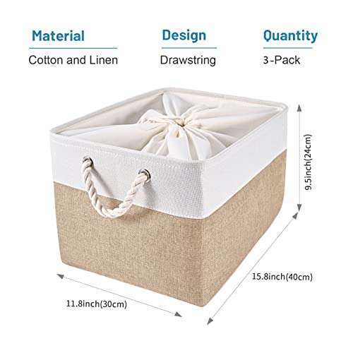 Hodo Home Foldable Storage Bin With Drawstring Closure And 2 Bold Handles, Collapsible Large Canvas Storage Baskets For Organizing Shelf Nursery Home Closet (White&Yellow, 15.8L×11.8W×9.5H - 3Pack) #TOP1