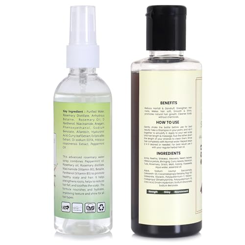 Image of Nature's Herbs Herbal Shampoo & Rosemary Water Hair Spray Combo | Amla Reetha Shikakai Hair Fall Control Shampoo with Rosemary Spray for Hair Growth & Scalp Care | Herbal Hair Strengthening Set | Men Women | 200 ml + 100 ml