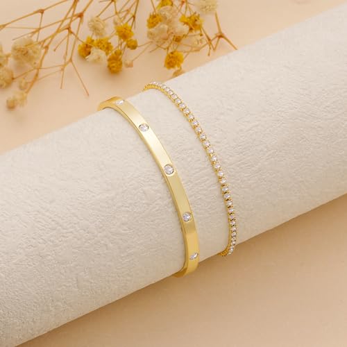 Bracelet for Women - Dainty Stack Bracelets Trendy Adjustable 14K Gold Plated Thin Paperclip Bead Box Satellite Figaro Cuban Link Chain Bracelet Set for Women Waterproof Jewelry Gift