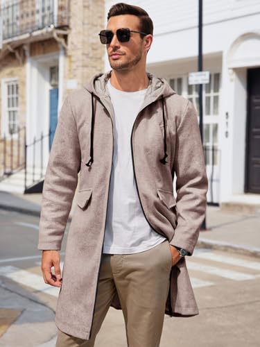 Image of ZIWOCH Mens Trench Coat Wool Blend Hoodie Long Jacket Full Zip Winter Classic Business Overcoat