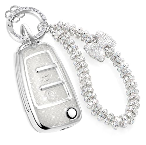 Image of Key Fob Cover for Audi, Rhinestone Wristlet Keychain Case, White