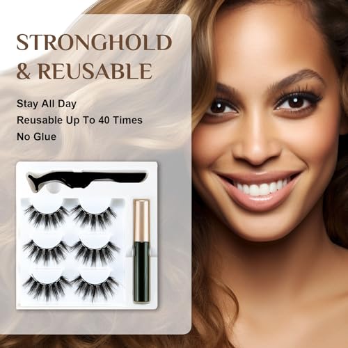 Magnetic Eyeliner and Lash Kit - 5D Faux Mink Lashes, Reusable False Lashes (3 Pairs)