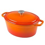 Zelancio 6 Quart Cast Iron Enamel Covered Oval Dutch Oven Cooking Dish with Skillet Lid (Tangerine Orange)