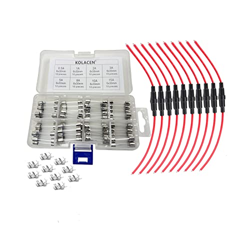 KOLACEN Automotive Car Inline 6x30mm Portafusibles 16 Awg Wire 10 piezas + 80 piezas Fusible de vidrio de soplado rápido 6 x 30 mm 0.5A 1A 2A 3A 5A 8A 10A 15A + 10 piezas Clips de fusible Cover