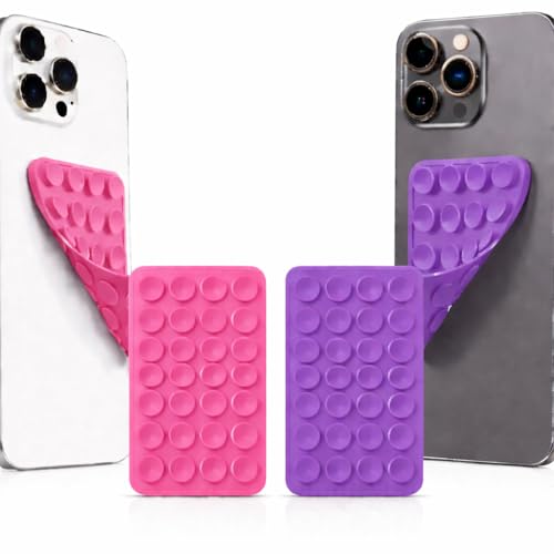 Image of GooseBox Suction Phone Case, Silicone Suction Phone Case for Hands-Free Mobile Accessory Holder Grip, Video Phone Accessory Compatible Mirror, Shower (Purple & Dark Pink, Pack of 2)