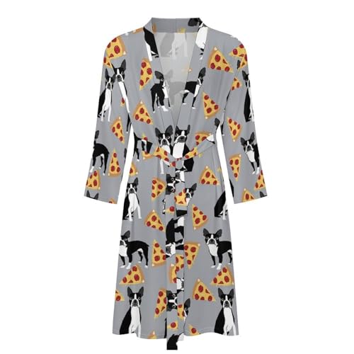 Boston Terrier Dog Pizza Lightweight Kimono Spa Bath Robes Knee Length Loungewear Long Sleeved Bathrobe3