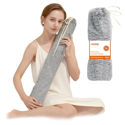 samply Lang Wärmflasche mit Bezug Flauschig, Groß Schlauch 3 Liter Long Hot Water Bottle mit Zum Umbinden, Bettflasche für Frauen Männer (Grau)