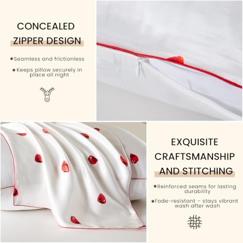 Image of THXSILK Set of 2 Natural Mulberry Silk Pillowcase Hypoallergenic Zipper Pillow Case - Grade 6A+ Mulberry Real Silk Pillowcase Organic Silk Pillow Cover (White Strawberry, Queen Size 20 inchx30 inch)