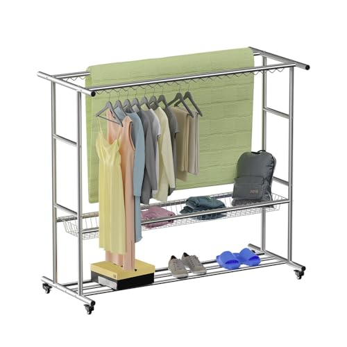 ACLFF Tendedero Telescópico para secar colchas, Tendedero Extensible con Soporte, Tendal Grande con Estante, para Interiores y Exteriores, Capacidad de Carga 200 KG