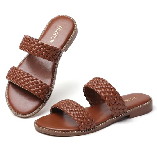 Image of Tilocow Women's Flat Sandals Two Strap Summer Dressy Studded Slide Sandals Open Toe Cute Casual Slip on Comfort Shoes for Beach Travel Daily Wear