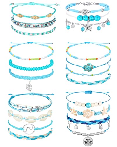 Image of Hicarer 21 PC Surfer Wave Friendship Bracelet Set Waterproof Adjustable Boho Beach String Anklets Bulk, Summer Gift for Women