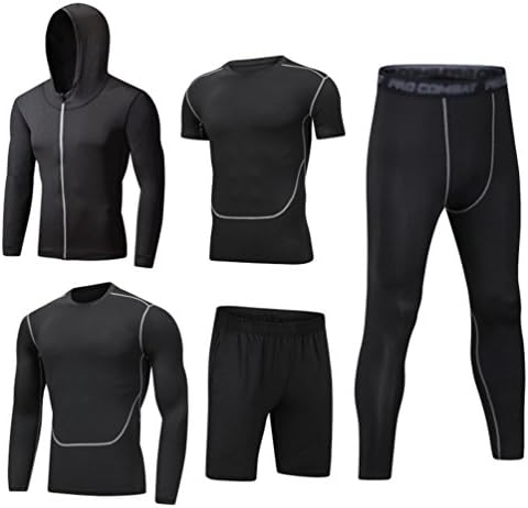 Dooxi Mens 5pcs Sports Gym Fitness Clothing Set Hoodies Jackets+Long Sleeve+Short Sleeve Base Layers T Shirts+Loose Fitting Shorts+Compression Pants for Workout Training Running Tracksuits