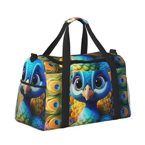 Cute Peacock Print Travel Duffle Bag - Foldable Personal Item Travel Bag for Women & Men,Carry-On Convertible Crossbody Tote Bags with Adjustable Shoulder Strap & Pockets 13x10.2x19.7 in3