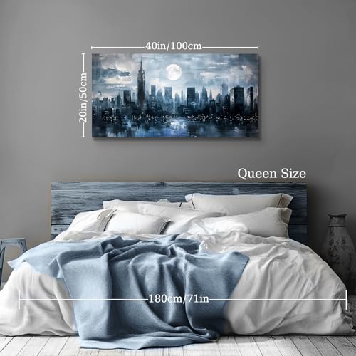 SERIMINO New York City Wall Art, Modern Urban Abstract Large Artwork, Moon Night Landscape Canvas Painting, Blue Impressionist Pictures Wall Decor Living Room Bedroom, Office Art Prints 20X40 Inch