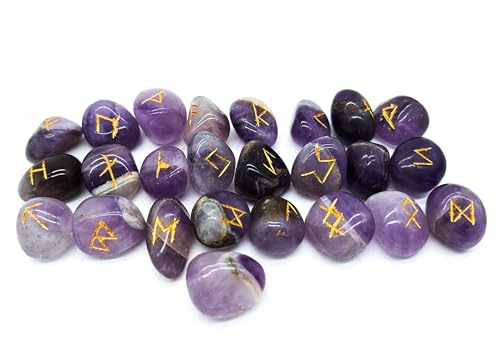 Edelstein Runen Set Elder Futhark Heilstein Amethyst 25 Steine ca. 20 mm im Samtbeutel | Mythologie Wikinger Esoterik Meditation Magie (Amethyst goldene Gravur)