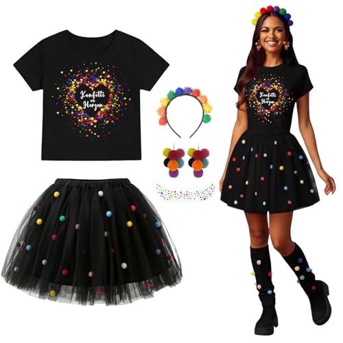 Konfetti Kostüm Damen Set 5PCS Karneval Kostüm Damen mit Tüllrock Haarreif Ohrringe Bunte Fellbälle Gesichtsaufkleber und Kleber Konfetti im Herzen für Halloween Fasching Karneval Cosplay Party