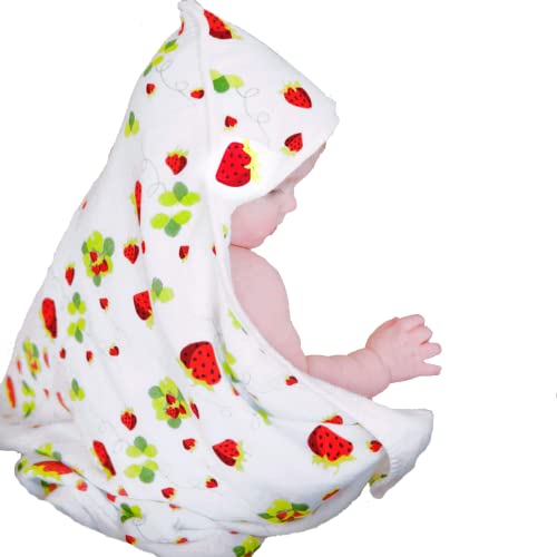 KloudBambu Hooded Baby Towel, Super Soft to Sensitive Skin, Ultra Absorbent, for Newborn, Infant, Toddler Girls and Boys, Strawberry Print…