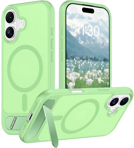 Image of Designed for iPhone 17 Case, [Built-in Invisible Kickstand][Compatible with MagSafe][Military Grade Shockproof] Slim Translucent Matte Phone Case 6.3 inch (Light Green)