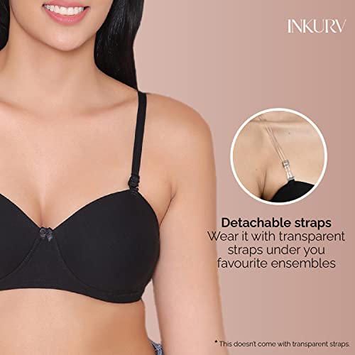 Image of INKURV Cotton Rich Padded T-Shirt Bra for Women, Seamless, Non-Wired with Detachable Straps, Sweet Heart Neckline, Everyday Bra 3 /4th Coverage with no spillage- ROMI Combo of 2