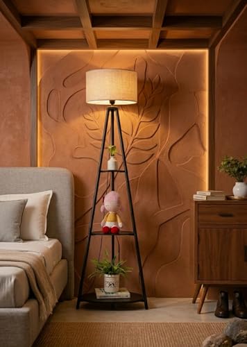 Image of Metal Floor Lamp with 3 Shelves (Jute) Stylish Standing Lamp for Living Room Decoration Bedroom Bedside Corner Stand Aesthetic Home Decor(1)