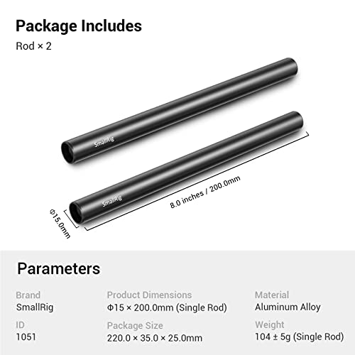 Image of SMALLRIG 8'' / 20 cm Black Aluminum Alloy 15mm Rod with M12 Female Thread