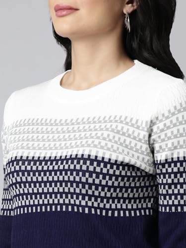 Image of SHOWOFFFF Women Geometric Fitted Casual Top | Round Neck Full Sleeves Knitted Top's for Womens | Regular Fit Midi Tops for Women's