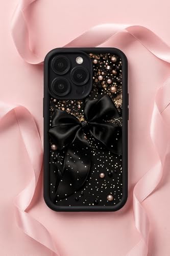 Image of COVERLY Black Bow Glitter Back Case for iPhone 12 Pro | 3D Minimalist Pearl Ribbon Cute Design | Camera Lens Protection | Soft TPU Silicone Aesthetic Print Cover for Girls & Women (Black, Shockproof)