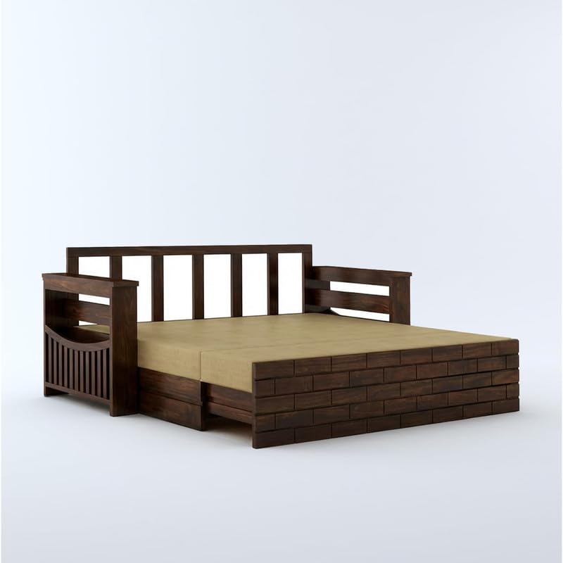 Image of Amazon Brand - Solimo Sheesham Wood Italian 3 Seater Sofa Cum Bed with Drawer and Side Pocket Storage | Wooden Bed with Cushion | Multipurpose Sofa Furniture for Home & Living Room (Walnut Finish)